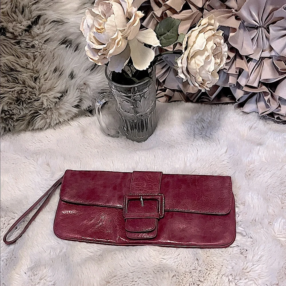 Hobo International Boho Burgundy Rust Distressed Leather Wristlet Clutch Bag